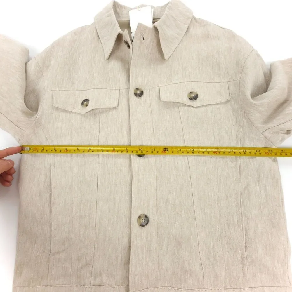 NWT Zara Man 100% Linen Old Money Cargo Button Down Shirt Jacket Ecru Luxe Small
